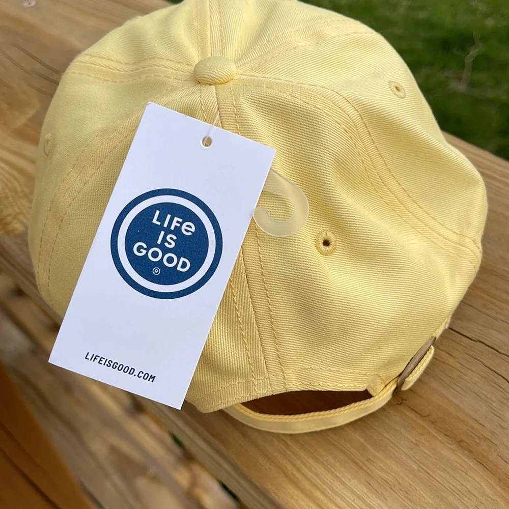 Life is Good Yellow Baseball Cap with Blue Flipflops